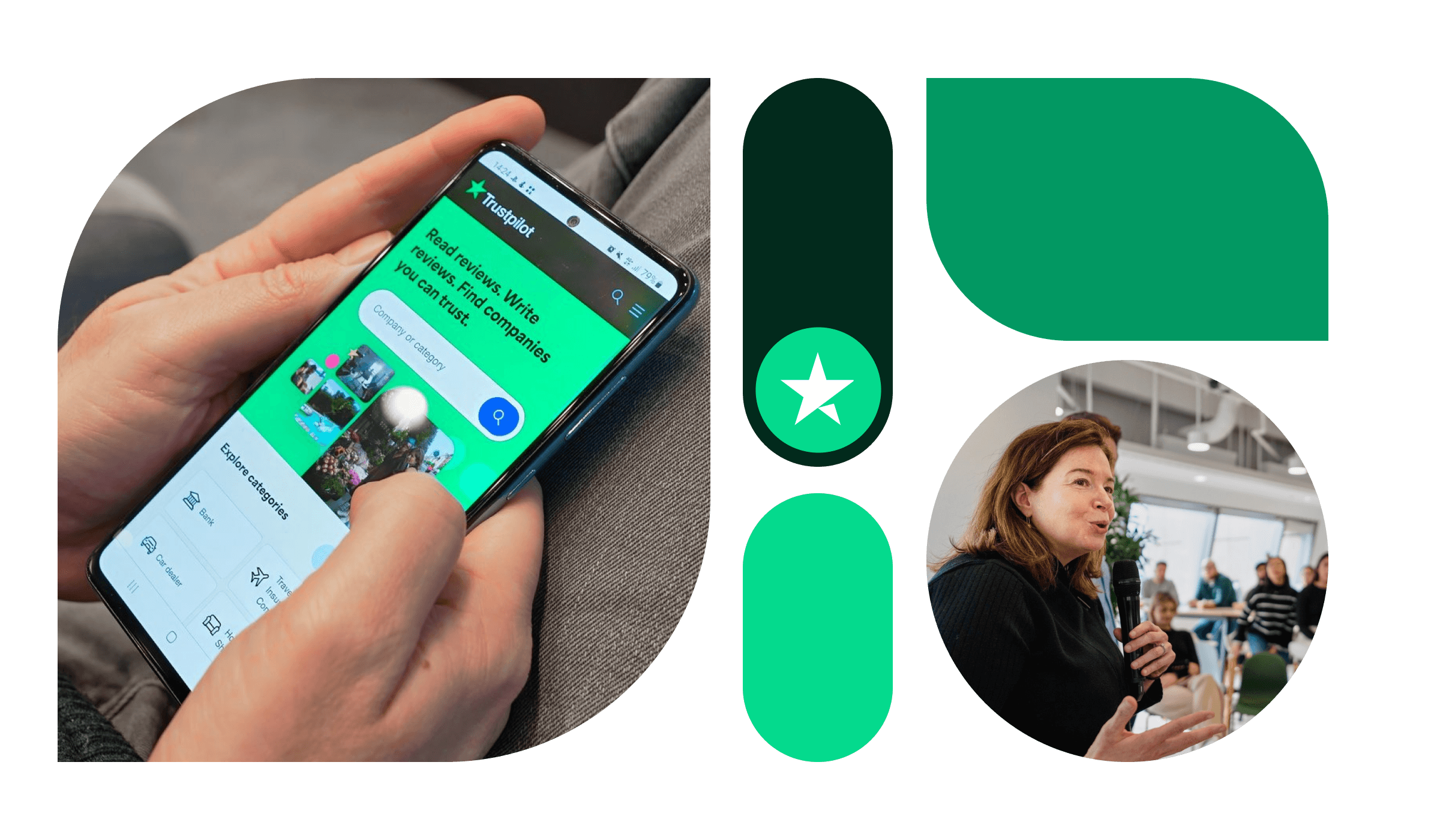 A close up photo of a man holding an Android smartphone in his hands, which is displaying the Trustpilot website